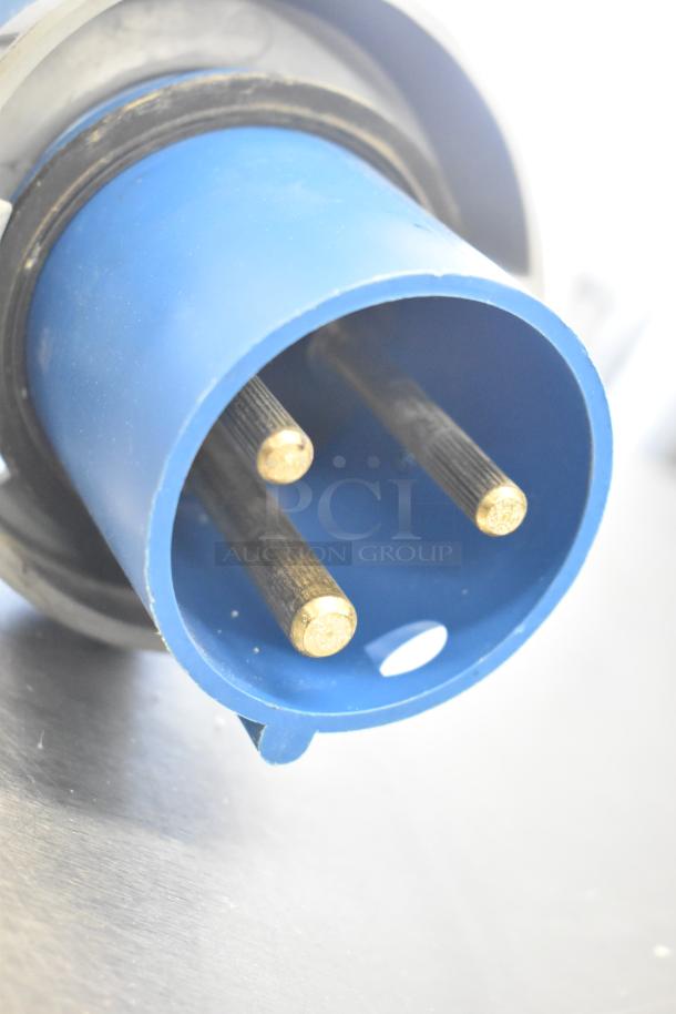 Belshaw Adamatic TG-50 thermoglazing station, stainless steel, commercial casters, 208V, 1 phase, blue connector detail.