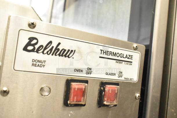 Belshaw Adamatic TG-50 stainless steel thermoglazing station, commercial casters, 208V, 1 phase, control panel with labels.