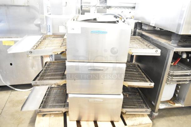 3 Turbochef HhC2020 conveyor ovens, commercial electric, 208/240V, 3 phase, stainless steel, used condition, visible branding.