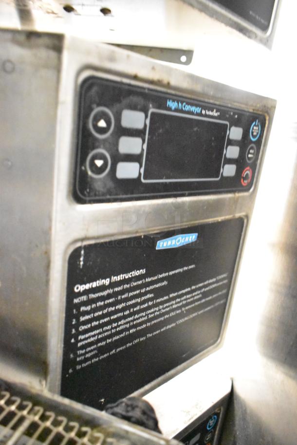 Turbochef HhC2020 commercial electric conveyor oven, 208/240V, 3-phase, control panel shown with operating instructions label.