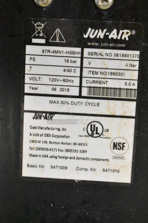 2018 Jun-Air 87R-4MN1-HSBHH nitrogen generator, 120V, 1 phase; label shows specs: 16 bar, 4 liter, 6A, UL and NSF certified.