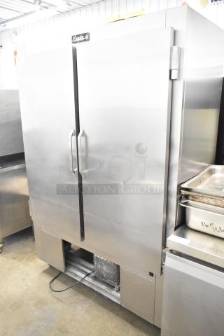 Leader LR54 S/C Commercial 2 Door Reach In Cooler. Stainless steel, 115 Volts, 1 Phase, visible logo, sturdy handles.