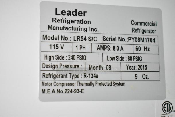 Leader LR54 S/C Commercial 2 Door Reach In Cooler label. 115V, 1 phase, R-134a, 2015 model, serial PY08M1704.