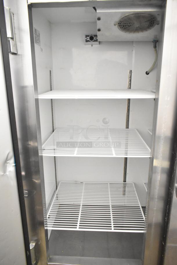Leader LR54 S/C Commercial 2 Door Reach-In Cooler, 115V, 1 Phase. Stainless steel, three shelves, well-maintained condition.