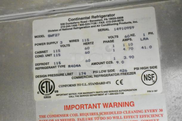Continental SWF27 undercounter freezer label detailing model, voltage, phase, refrigerant type R404A, and NSF certification.