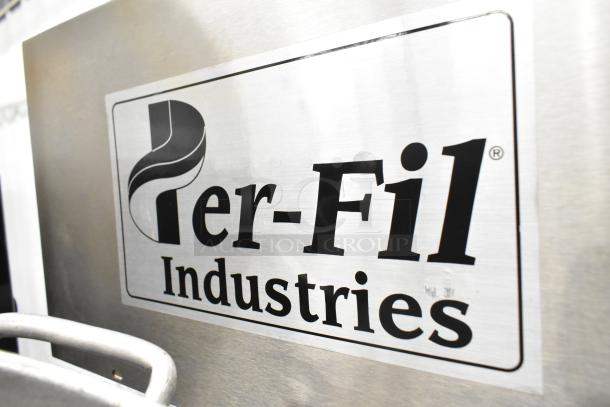 Per-fil Micro-15 commercial filler machine with casters, 125V, 1 phase. Features visible Per-fil Industries label.