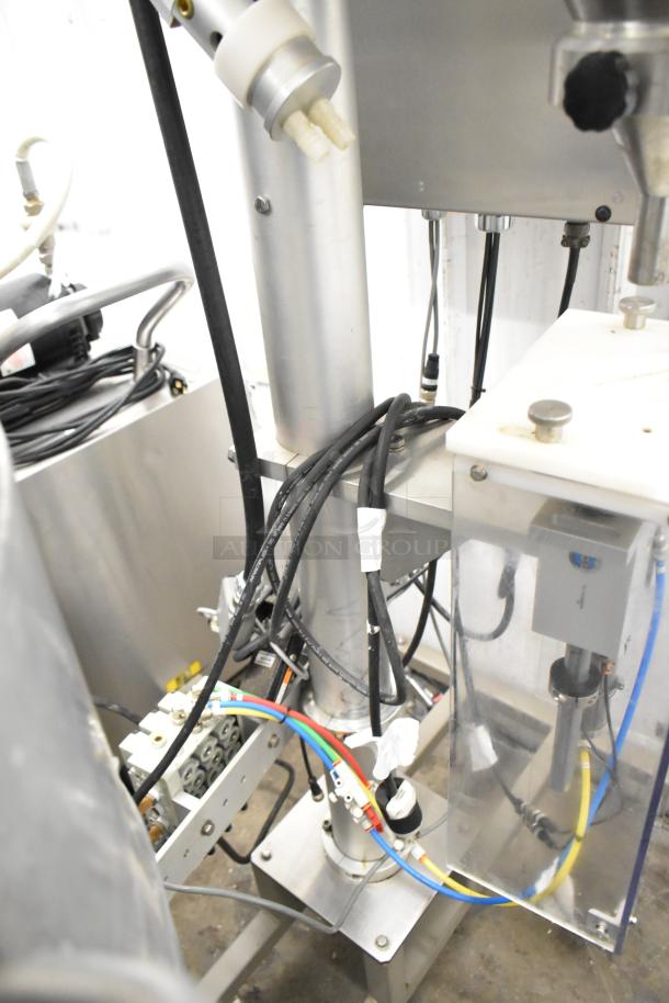 Per-fil Micro-15 floor filler machine, commercial casters, 125V, 1-phase, wires visible, steel frame.