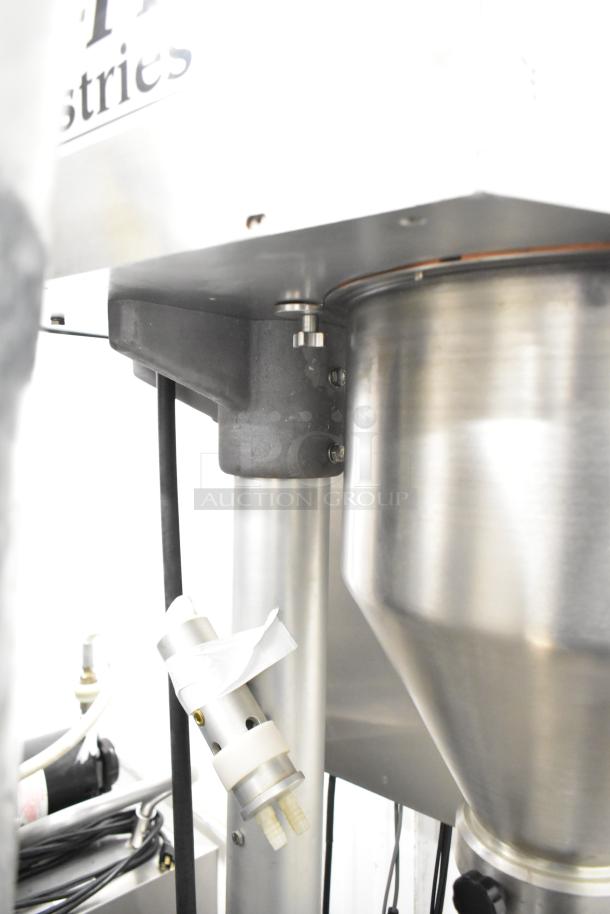 Per-fil Micro-15 floor filler machine in stainless steel, on casters, 125V, 1 phase, details of hopper and components visible.