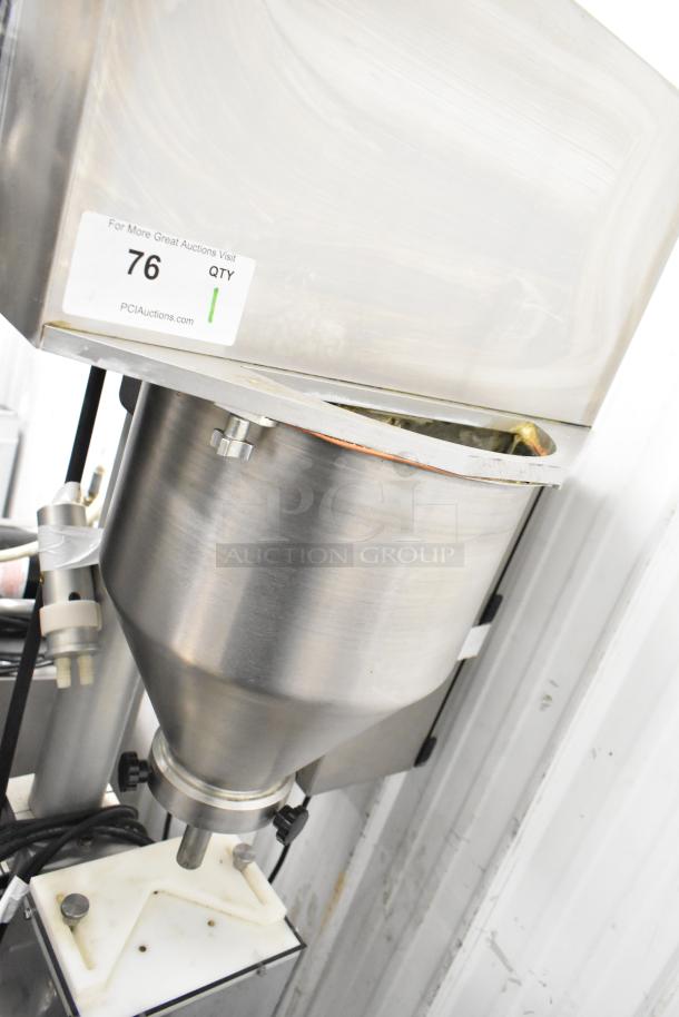 Per-fil Micro-15 floor filler machine on casters, 125V, 1 phase. Stainless steel hopper, label indicates auction lot 76.