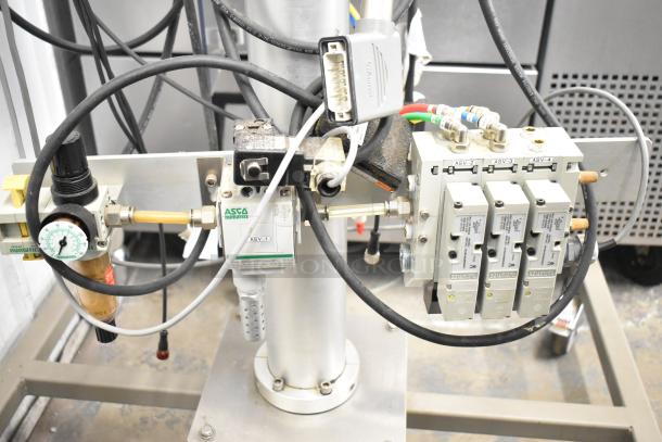 Per-fil Micro-15 Floor Filler Machine, commercial casters, 125V, 1 Phase, visible gauges and connectors, ASCO numatics labels.