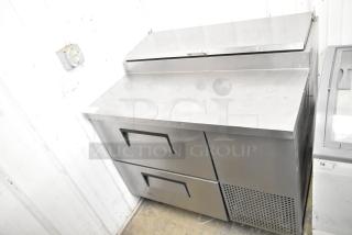 2017 True TPP-44D-2 commercial pizza prep table with 2 drawers, stainless steel, on casters, excellent condition. 115V, 1 phase.