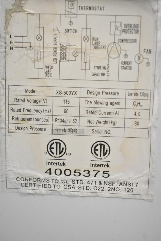 XS-500YX Commercial Ice Cream Freezer label, 115V, 1 Phase. Details include design pressure, refrigerant, and serial number.