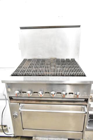 Jade Range JSR-36B-36 natural gas charbroiler with oven and backsplash, six knobs, stainless steel, excellent condition.