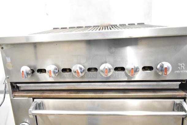 Jade Range JSR-36B-36 commercial charbroiler with oven, stainless steel knobs, and back splash; natural gas powered.