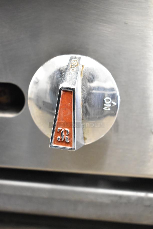 Jade Range JSR-36B-36 charbroiler knob with "ON" marking, chrome finish, red accent detail.