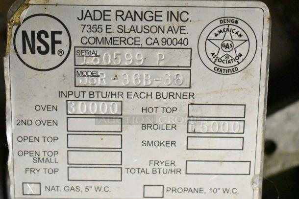 Jade Range JSR-36B-36 commercial natural gas charbroiler range label; shows 30,000 BTU for the oven and 15,000 BTU for the broiler.