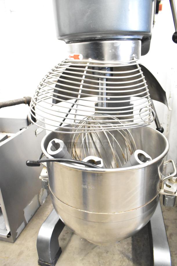 Avantco MX40 commercial dough mixer with 40-quart bowl, bowl guard, whisk, dough hook, and paddles. 240V, 1-phase.
