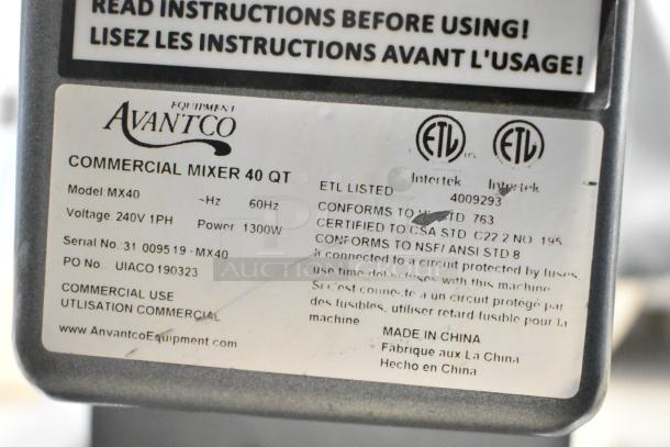Avantco MX40 Commercial 40 Qt Mixer label, shows model, voltage, and certifications. Includes 240V details for buyers.