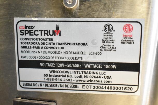 Winco ECT-300 Commercial Conveyor Toaster label. Model ECT-300, 120V, 1800W. Certified to UL STD-197, NSF/ANSI 4.