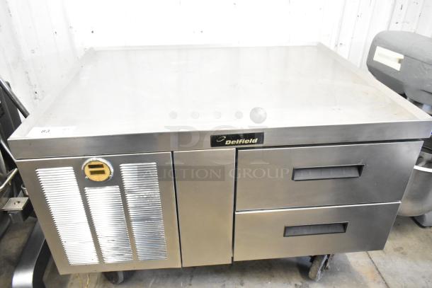 Delfield Commercial Chef Base, 2 Drawer, on casters. Stainless steel, 115V, 1 Phase. Branding and ventilation visible.