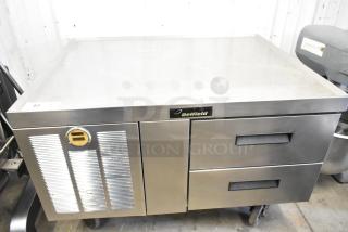 Delfield Commercial Chef Base, 2 Drawer, on casters. Stainless steel, 115V, 1 Phase. Branding and ventilation visible.