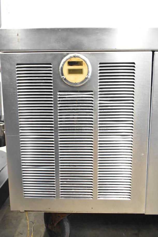 Delfield 2 Drawer Chef Base on casters, stainless steel, 115 volts, 1 phase, front ventilation panel shown, commercial use.