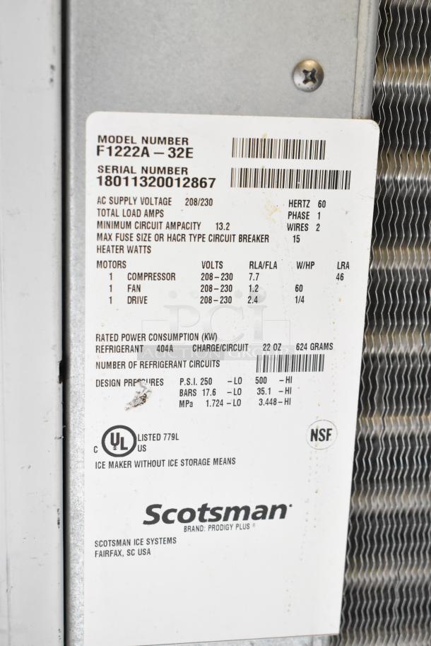2018 Scotsman F1222A-32E Prodigy Plus® Flake Ice Machine, 1100 lb/24 hr, 208/230V, 1 Phase, Model label shown.