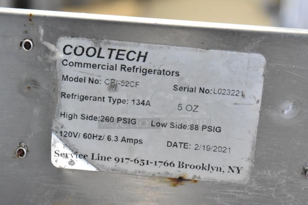 Cooltech CRI-52CF label showing model, serial number L023221, refrigerant type 134A, and electrical specs.