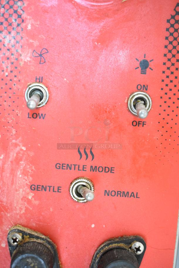 Control panel of Vulcan commercial convection oven, featuring settings for fan speed (Hi/Low), light (On/Off), and gentle mode (Gentle/Normal). Signs of wear visible.
