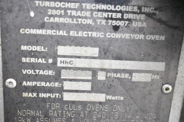 Turbochef HhC2020 electric conveyor oven data plaque, showing model, serial number, voltage, and amperage details.