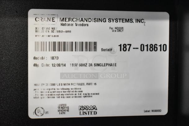 Label on Crane 187D Vending Machine: Model 187D, 115V, 60Hz, Single Phase, Serial 187-018610, Mfg Date 12/09/14.