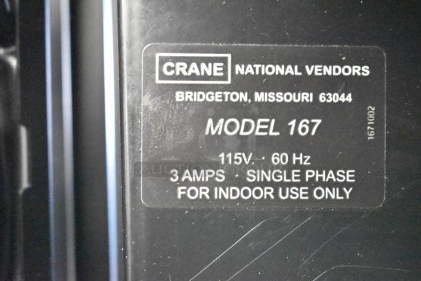 Crane 167 Commercial Floor Vending Machine label, 115V, 3 Amps, single phase, indoor use, Bridgeton, Missouri.