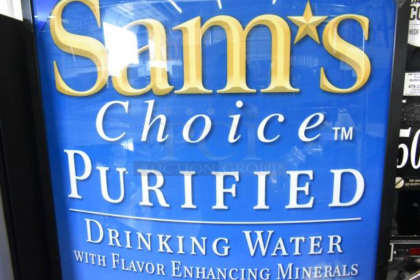 Commercial floor vending machine, 115 volts, 1 phase. Features "Sam's Choice Purified Drinking Water" graphic.