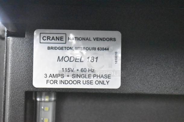 Crane 181 Commercial Floor Vending Machine label; 115V, 60Hz, 3 Amps, single phase, for indoor use only, Bridgeton, MO.