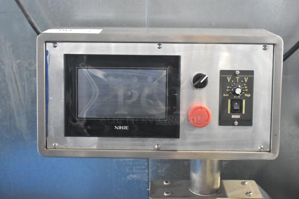 Commercial dough sheeter control panel with Xinje display, voltage dial, and emergency stop button, in good condition.