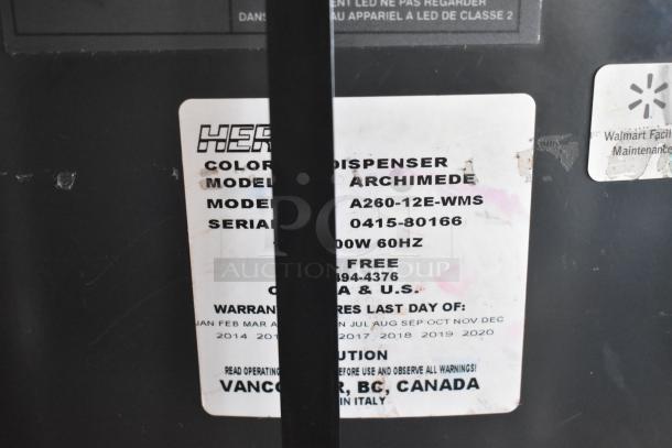 Hero Archimede A260 paint dispenser; model A260-12E-WMS. Tags show serial 0415-80166. 1100W, 60Hz. Made in Italy.