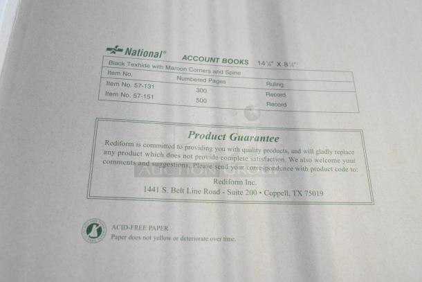 5 National Account Books, 14 1/4" x 8 3/4", Black Texhide, 300-500 pages each, acid-free paper, with product guarantee by Rediform Inc.