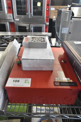 Red Altronix box featuring NAC control panel LD-2, with "DOOR" label and connectors on top. Auction tag indicates lot 108, two items included.