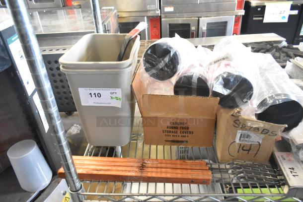 12 items including poly bins and cups on metal shelving. Box labeled "Cambro Round Food Storage Covers." Auction tag "110."