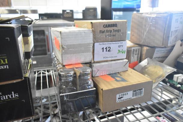 6 various items including a Dexter 10863 3" oyster knife in its box and glass salt shaker set, stacked on a shelf.