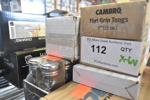 Box with 6 various items including Cambro 6" tongs, Dexter 10863 oyster knife, and salt shaker, labeled for auction lot.