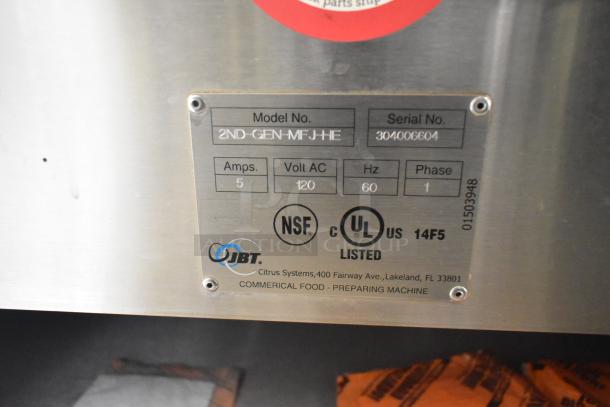Plaque on a JBT 2ND-GEN-MFJ-HE citrus juicer shows model, serial number, 115V, 1-phase, 5A, NSF and UL listed.