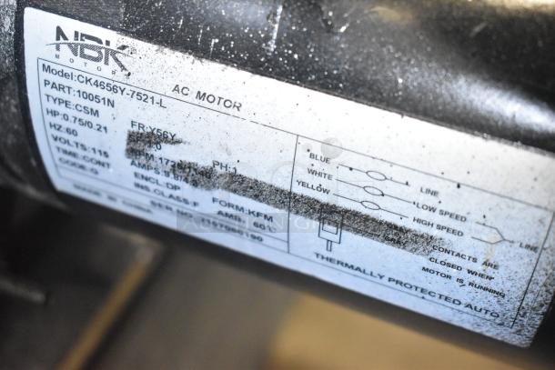 Image showing a label on an NBK Motors AC motor, Model CK4656Y-7521-L, with wiring diagram and technical specifications.