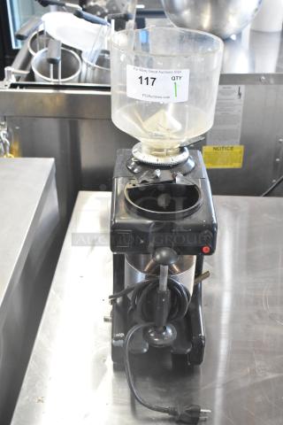 Bregani Countertop Espresso Bean Grinder, no lid, 115 volts, 1 phase, visible auction label with lot number 117.