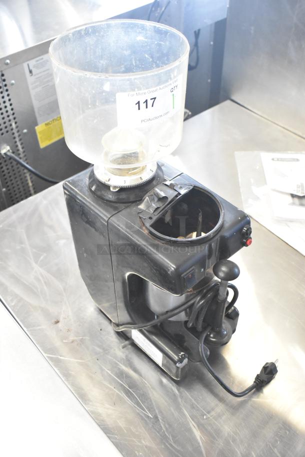 Bregani Countertop Espresso Bean Grinder, missing lid, 115 volts, 1 phase. Visible wear, auction label on bin.