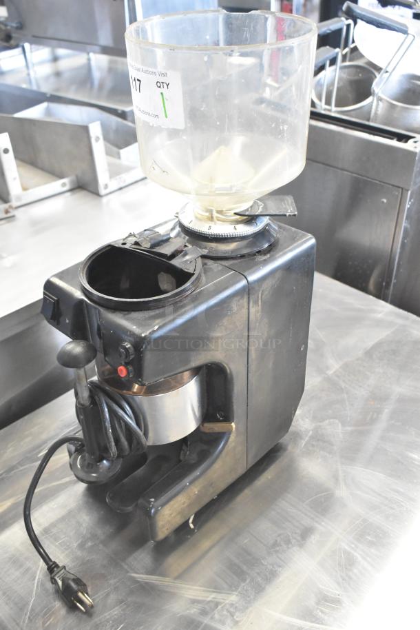 Bregani Countertop Espresso Bean Grinder, 115V, 1 Phase, missing lid, visible wear, includes power cord, quantity label attached.