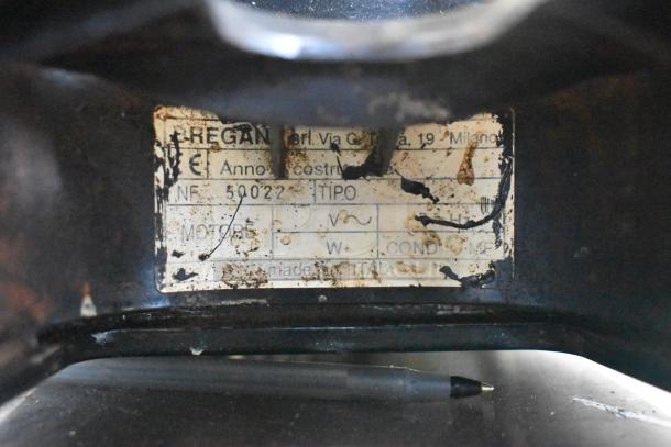 Bregani Espresso Bean Grinder, 115V, 1 Phase. Missing lid. Label shows wear and reads "Made in Italy." Condition: Used.