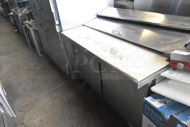 Beverage Air SPE48HC-12C commercial prep table, stainless steel, mega top, bain marie, on casters, 115V, 1 phase.