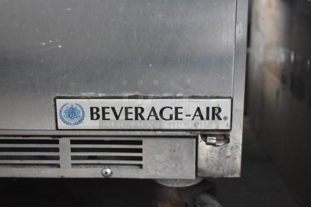 Beverage Air SPE48HC-12C commercial prep table, stainless steel, visible logo, on casters, 115V, 1-phase.