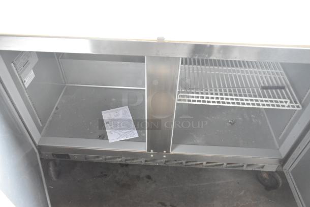 Beverage Air SPE48HC-12C commercial sandwich prep table, mega top, stainless steel, on casters, 115V, 1 phase.